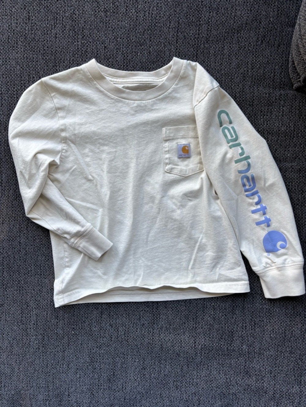 Carhartt Kids Long-Sleeve Tee in Off-White with Blue-Green Sleeve Logo